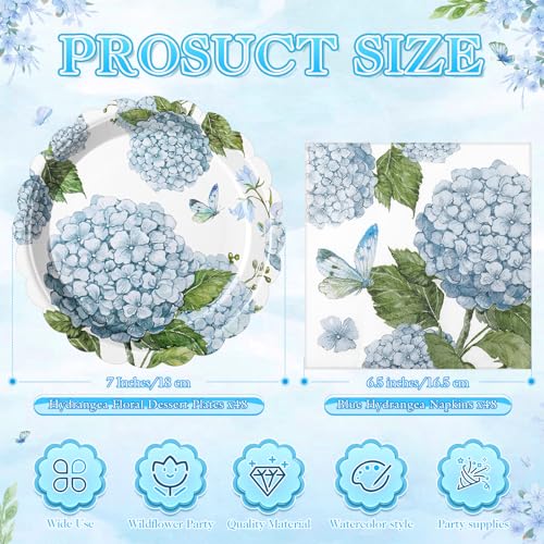 Funnymoom 96 Pieces Hydrangea Floral Tableware Set for 48 Pcs Guest Include 48 Pcs 7 Inch Dessert Plates and 48 Napkins Watercolor Disposable Dinnerware for Birthday Wedding Baby Shower Party Supplies - style: Hydrangea