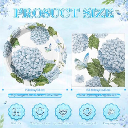 Funnymoom 96 Pieces Hydrangea Floral Tableware Set for 48 Pcs Guest Include 48 Pcs 7 Inch Dessert Plates and 48 Napkins Watercolor Disposable Dinnerware for Birthday Wedding Baby Shower Party Supplies - style: Hydrangea
