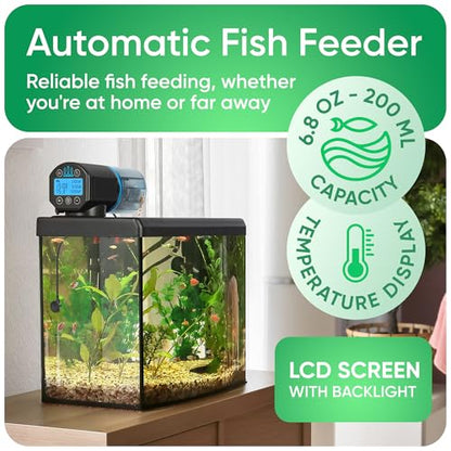 FISHNOSH Automatic Fish Feeder for Aquarium with Digital Thermometer - 2026 Auto Fish Food Dispenser Programmable, Vacation Feeder for Fish, Adjustable Portions, Auto Fish Feeder for Small & Big Tanks