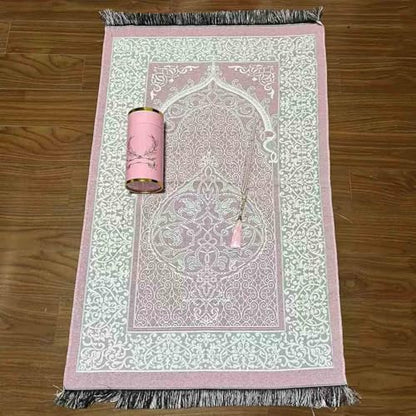 Muslim Prayer Rug and Beads with Gift Box, Soft Islamic Prayer Mat, Islamic Gifts Set, Prayer Carpet Mat, Sajadah/Janamaz/Seccade (Pink) - color: Pink