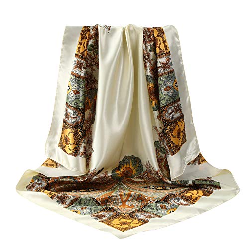 AWAYTR 35” Large Satin Square Head Scarf - 2Pcs Silk Like Floral Head Scarves Square Satin Hair Scarf Bandanas for Women - color: Cashew(black/Beige)