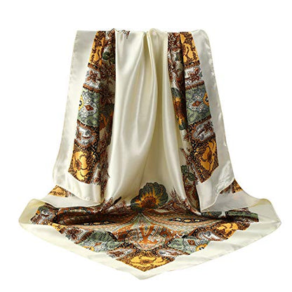 AWAYTR 35” Large Satin Square Head Scarf - 2Pcs Silk Like Floral Head Scarves Square Satin Hair Scarf Bandanas for Women - color: Cashew(black/Beige)