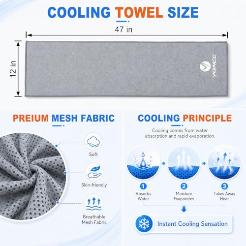 YQXCC 2 Pack Cooling Towels (47"x12"), Ice Cool Towel for Neck & Face | Cooling Neck Wraps, Soft Breathable Microfiber Chilly Towel for Yoga, Golf, Gym, Running, Camping & Hot Weather - color: Light Blue/Light Gray