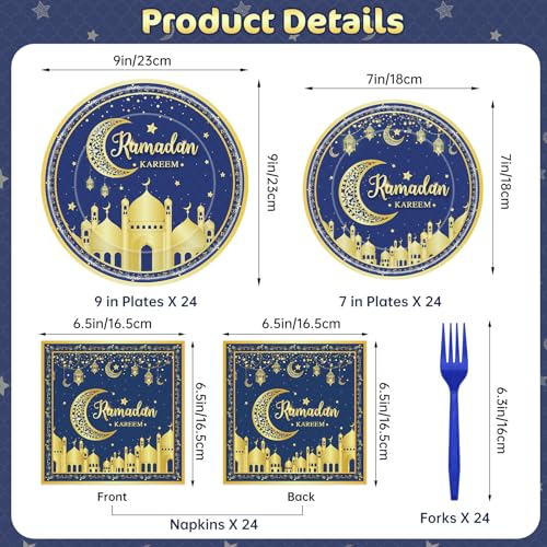 96 Pcs Ramadan Plates and Napkins Forks Sets - Blue Gold Eid Mubarak Themed Round Tableware, Disposable KAREEM Paper Plates Napkins Kit for Ramadan Party Supplies Favors Table Decorations, Serves 24 - style: Ramadan