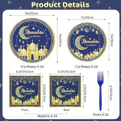 96 Pcs Ramadan Plates and Napkins Forks Sets - Blue Gold Eid Mubarak Themed Round Tableware, Disposable KAREEM Paper Plates Napkins Kit for Ramadan Party Supplies Favors Table Decorations, Serves 24 - style: Ramadan