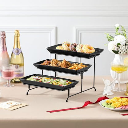 MALACASA 3 Tier Serving Tray, Porcelain Tiered Serving Trays Platters, 12 Inch Serving Stand with Platters,Black Dessert Stand with Collapsible Sturdier Metal Rack,Series PLAT - color: Black, size: 12 Inch