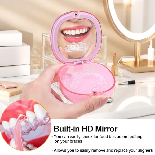 Pink Aligner and Retainer Case Double-layer Cute Slim Braces Night Mouth Guard Case with Remover Tool, Chew and Cleaning Brush, Built in Mirror Orthodontic Dental Retainer Container - color: Transparent Pink