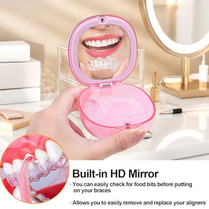 Pink Aligner and Retainer Case Double-layer Cute Slim Braces Night Mouth Guard Case with Remover Tool, Chew and Cleaning Brush, Built in Mirror Orthodontic Dental Retainer Container - color: Transparent Pink