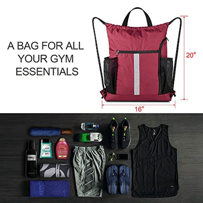 BeeGreen Gym Sack Drawstring Bag Sports String Backpack with Shoe Compartment and Two Water Bottle Holder for Unisex Men Women Heavy Duty Cinch Sackpack - color: Maroon, style: Drawstring With Shoe Compartment