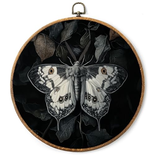 AYQJCBGC Vintage Dark Moth Round Framed Wall Art, Cottagecore Retro Canvas Wall Decor, Dark Academia Framed Prints Hanging Decor for Home Bedroom Living Room, 10x10 Inch. (008) - color: Grey Moth