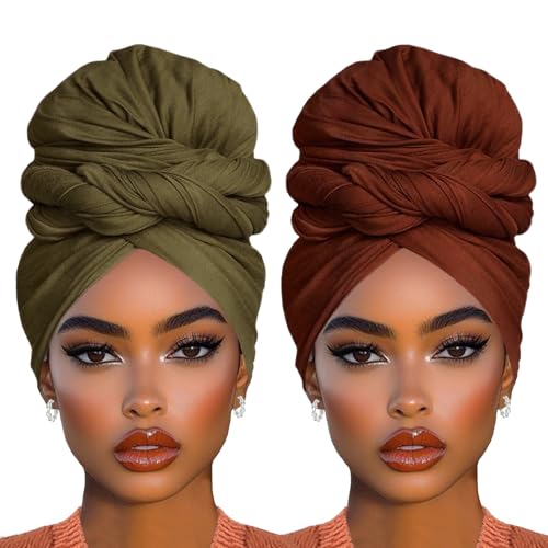 COOKOO 2 Piece Solid Color Stretch Jersey Head Wrap Long Scarf Muslim Headwraps Long African Women's Headwrap Stretch Hijab Extra Fashion Head Scarf Head Bands for Women(Coffee+Army Green) - color: Coffee+Army Green