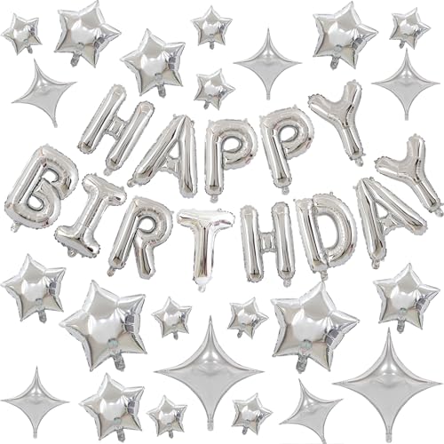 57 Pcs Silver Happy Birthday Balloon 16inch Foil Star Balloons Different Sizes Four Angle Party Balloons Happy Birthday Banner for Themed Party Decorations Supplies Kids - color: Hbd Moonstar - Silver