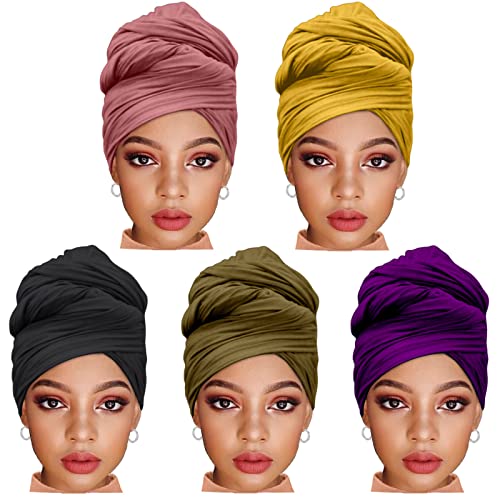 ZRQ 5 Pieces Stretch Jersey Turban Fashion Headband Soft Breathable Long Scarf Lightweight and Comfortable Tie Head Wraps for Black Women (Black, Army Green, Dark Pink, Dark Purple, Turmeric) - color: Black,army Green,dark Pink,dark Purple,turmeric