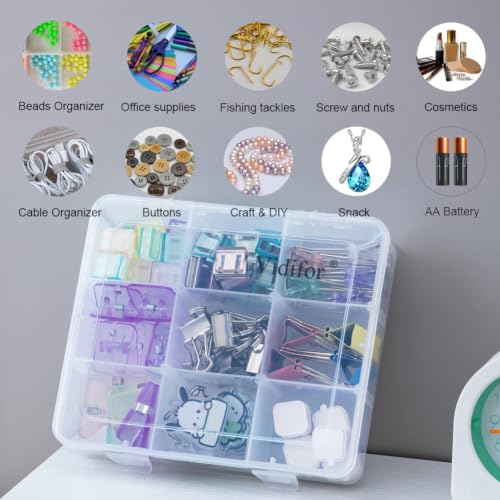Vidifor 9 Grids Plastic Storage Compartment Organizer Container with Adjustable Dividers for Crafts, Earrings, Screws, Nail, Bandages, Pins and More (1)