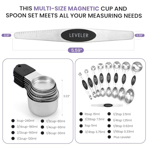 Magnetic Measuring Cups and Spoons Set-Heavy Duty 304 Stainless Steel | Double Measurement Markings,BPA-Free,Set of 16 with Leveler for Measuring Dry and Liquid Ingredients(Black) - color: Black