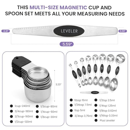 Magnetic Measuring Cups and Spoons Set-Heavy Duty 304 Stainless Steel | Double Measurement Markings,BPA-Free,Set of 16 with Leveler for Measuring Dry and Liquid Ingredients(Black) - color: Black