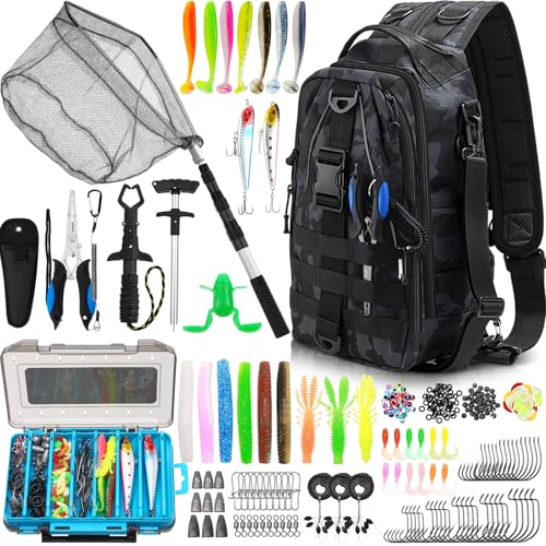 RoundFunny 256 Pcs Fishing Backpack with Tackle Box Gears, Tackle Sling Bag Backpack, Fishing Hook, Lures, Retractable Landing Net, Plier, Lip Gripper, Hook Remover, Fish Gift Men - color: Black Camouflage
