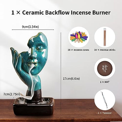 YYW Waterfall Incense Burner Backflow Incense Holder Fountain with 20 Incense Cones and 30 Incense Sticks Contemplate Half Face Incense Holder Aromatherapy Ornament Thinking Statue Yoga Room Decor