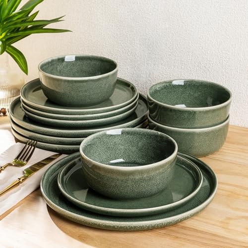 AmorArc Stoneware Dinnerware Sets for 6, 18 Piece Plates and Bowls Sets - color: Jade Green, size: Service for 6