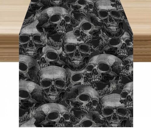 Skull Table Runner Monochrome Skeleton Scary Halloween Decor for Indoor Outdoor Party Dinner Festival Farmhouse Holiday Home Kitchen Dining Room, 13x36in - color: Skeleton-grey, size: 13x36in