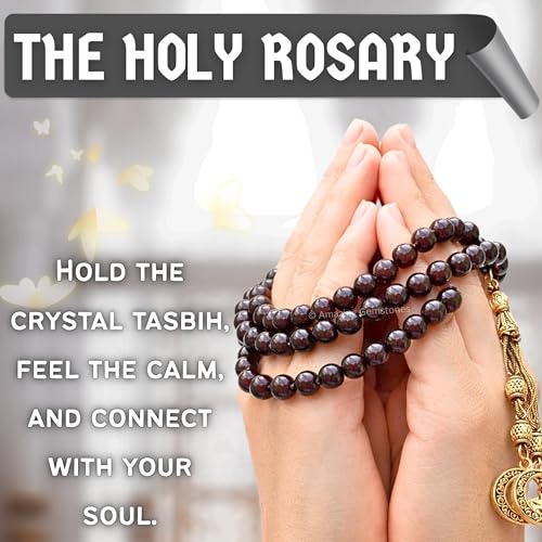 Amazing Gemstone Crystal Tasbeeh with Moon and Star Charm - Certified Crystal Muslim Prayer Beads Natural Gemstone Tasbih Gift for Ramadan Dhikr and Daily Namaz (G) - color: Garnet