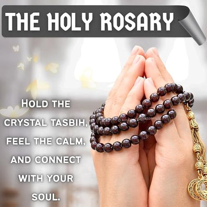 Amazing Gemstone Crystal Tasbeeh with Moon and Star Charm - Certified Crystal Muslim Prayer Beads Natural Gemstone Tasbih Gift for Ramadan Dhikr and Daily Namaz (G) - color: Garnet