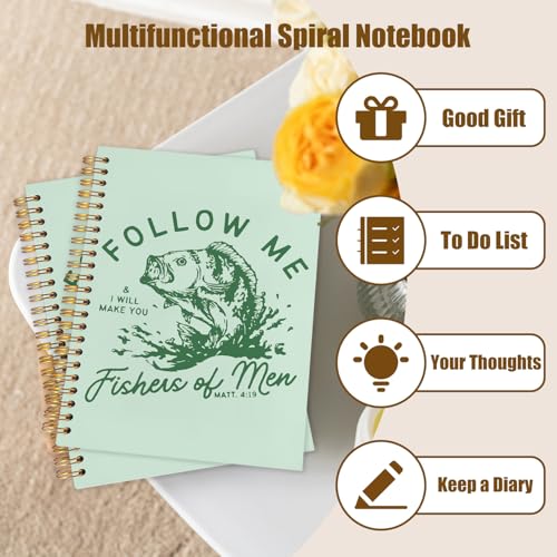 WUCHJ Green Retro Fish Christian Notebook, Matthew 4:19 Bible Verse Journal, Religious Scripture Spiral Notebook Journal for Note Taking, Christian Faith Based Gifts for Women Men, 5.5x8.3 Inch - color: green fish follow me