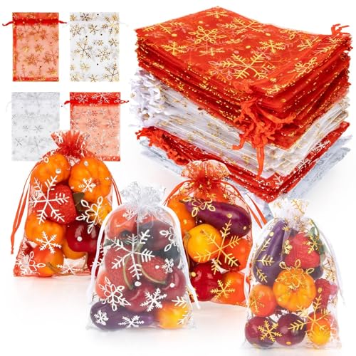 Sukh 100 Christmas Organza Bags 4"x6" - Snowflake Mesh Drawstring Gift Bags - color: Christmas, size: 100 Count (4 x 6 Inches)