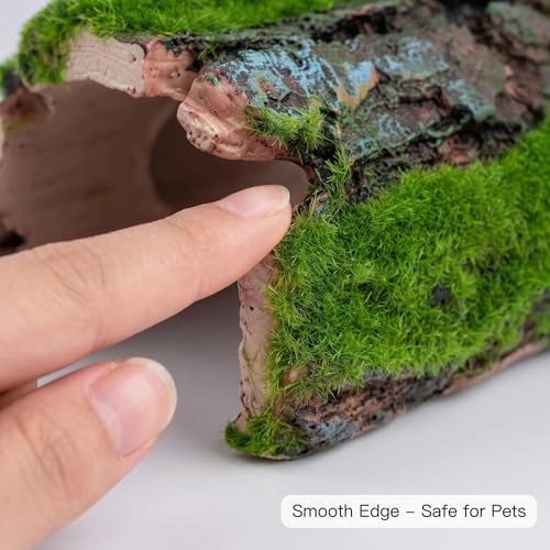Reptile Hideout & Aquarium Cave Decor, Resin Hollow Log Hide for Fish Tank, Shrimp Turtle Lizard Betta Hiding Spot, Aquarium Ornament with Moss Look, 2.5"-4.1"