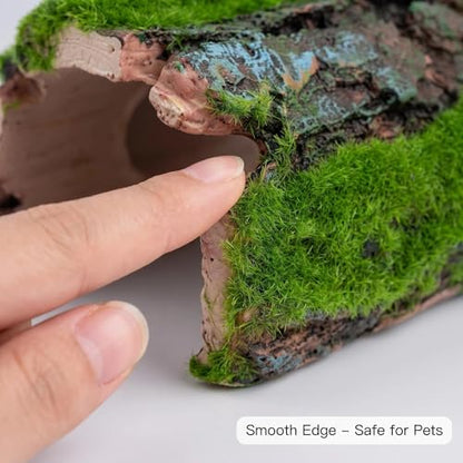 Reptile Hideout & Aquarium Cave Decor, Resin Hollow Log Hide for Fish Tank, Shrimp Turtle Lizard Betta Hiding Spot, Aquarium Ornament with Moss Look, 2.5"-4.1"