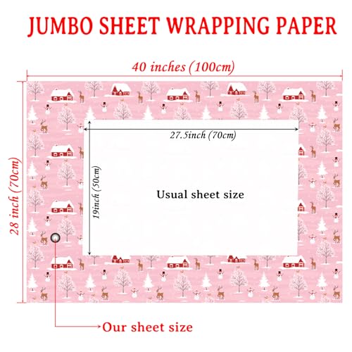 Cuitpan Pink Christmas Wrapping Paper - Xmas Gift Wrap with Snowy Houses, Reindeer, Snowmen & Trees Design - Perfect for Kids & Adults Gift Wrapping - 40×28 Inches, 4 Folded Sheets - color: Christmas-House