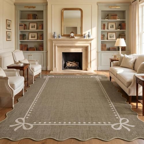 Garvee Scalloped Bow Rug for Living Room Washable Solid Brown 8x10 Area Rug - color: Brown, size: 8' x 10' (Rectangular)
