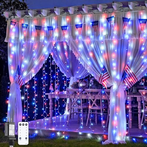 JMEXSUSS 300LED Red White & Blue Curtain Lights for 4th of July, 9.8x9.8ft - color: Red White and Blue, size: 300 LED