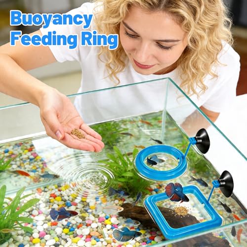 2PCS Fish Feeding Ring, EVA Aquarium Floating Plant Corral with Strong Suction Cup, 2 Sizes Fish Tank Accessories for Mini Betta Tank, Floating Plants Holder|Feeder|Corral(Round + Square)