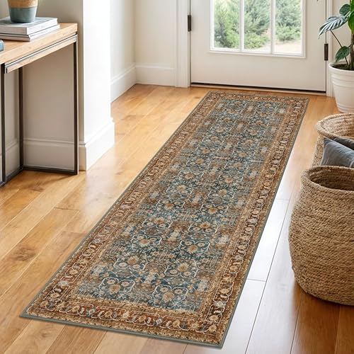 SIILOOM 2x6 Washable Runner Rug for Hallways, Ocean Rust Soft Vintage Tribal Kitchen Rugs with Slip-Resistant, Non-Shedding Tribal Floral Rug for Bedroom Kitchen Porch Laundry Entryway - color: Ocean/Rust, size: 2' x 6' (Runner)