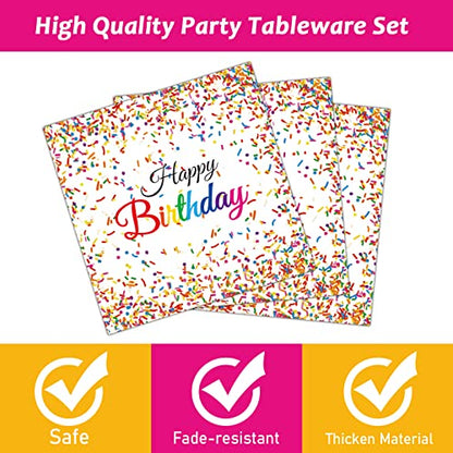 96 Pieces Happy Birthday Plates and Napkins Party Supplies for Confetti Sprinkles Theme Table Decorations Pastel Birthday Party Tableware Donut Paper Plates Napkins Forks Favors for 24 Guests. - style: Confetti Sprinkles