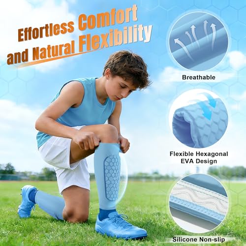 XZQTIVE Soccer Shin Guards Shin Defender for Kids Youth Adult, Ski Shin Guard Calf Compression Sleeve with Honeycomb Shin Pads - color: baby blue, size: X-Large