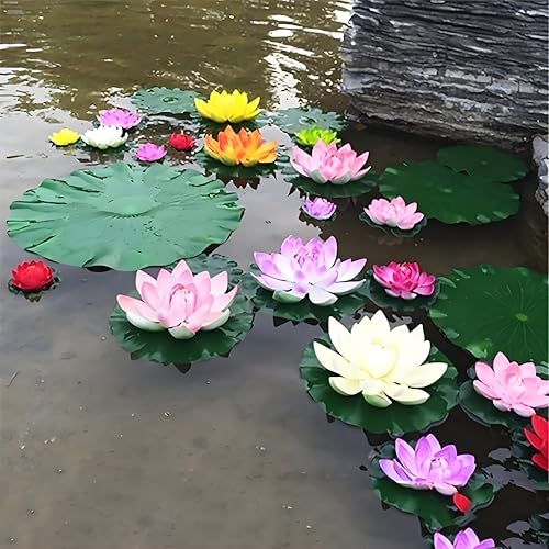 4Pcs Floating Foam Lotus Flowers with Lily Pads, Artificial Pond Plants Ornaments for Pool Aquarium Water Decoration