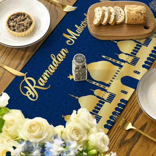 Ramadan Table Runner Blue Gold Moon and Star Ramadan Decorations for Home Eid Mubarak Festival Ramadan Runner Islamic Mosque Lantern Print Door Garland Placemat Holiday Dining Party Table 13 X 72 Inch