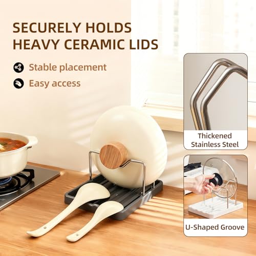 2 in 1 Pot Lid Holder & Spoon Rest for Kitchen Counter, Plastic Utensil Rest with Stainless Steel Pan Lid Holder Organizer While Cooking, Countertop Space Saving Pot Cover Rack | Easy to Clean - color: Gray- 1 Pack