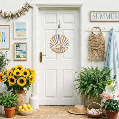 Smile Summer Welcome Wooden Decorations, Hello Summer Sunshine, Farmhouse Hanging Door Decor for Holiday Home Accent - style: Sunshine