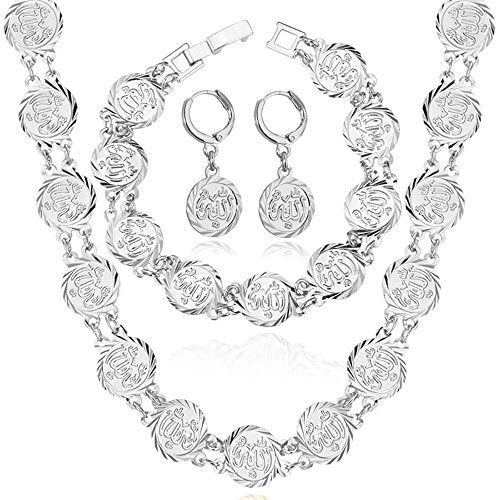 U7 Allah Necklace for Women/Men, 18K Gold Plated Square/Oval/Coin/Heart/Crescent Moon Islamic Pendant Necklace Muslim Jewelry with Chain - color: 06.Coin Necklace+Bracelet+Earrings Platinum