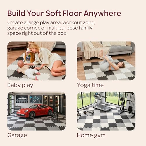 Foam Play Mat for Floor - 36 Interlocking Tiles 71x71 in, 0.6" Thick Puzzle Mat for Baby, Toddler & Home Gym, Cross-Texture EVA Foam, Edge Borders Included, Black White Gray