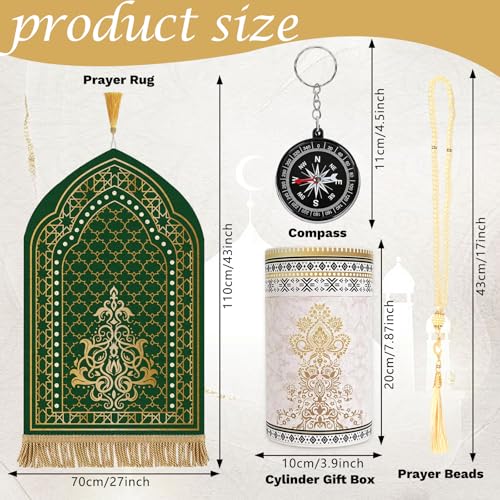 Muslim Prayer Mat Set, 4 PCS Soft Portable Islamic Prayer Rug - color: Green