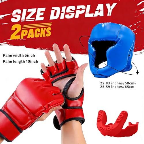 14 Pcs Boxing Set Boxing Equipment Set for Beginners Including 2 Pair of 6 oz Boxing Gloves Headgear Helmet Hand Wraps Mouth Guards Gifts Training Equipment - color: Red & Blue-MMA