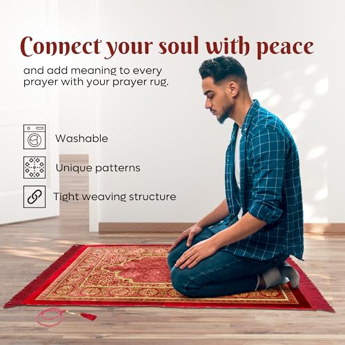 Muslim Prayer Rug, Soft Plush Thin Islamic Prayer Mat, Janamaz, Sajada, Praying Carpet, Islamic Gift for Men & Women, Islamic Mat, Bordeaux, Eid & Ramadan Gift with Prayer Beads, 26x43 inch - color: Bordeaux-pilgrim