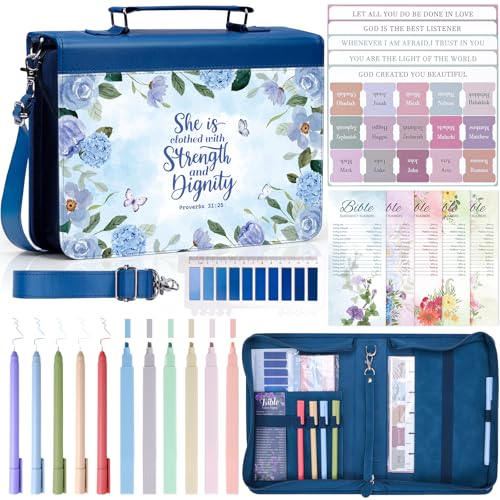 XKDOUS Bible Cover for Women Leather Bible Bag Large Book Carrying Case Kit - color: Blue Flower With Strap