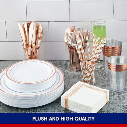 JOLLY CHEF 25 Guests Plastic Plates Set With Rose Gold Rim Cutlery set - color: ROSE GOLD-250pack