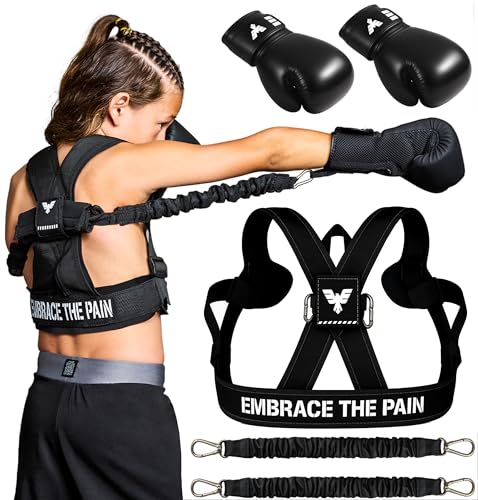 Elite Sports Kids Boxing Harness with 6oz Gloves – Adjustable Resistance Bands (3 Levels), Stability Strap, Padded Shoulder & Back, Ballistic Nylon, Quick-Release Buckle – Youth Training Gear