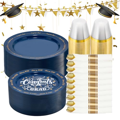 Goodluck 350 Piece Graduation Navy Blue Plastic Dinnerware Set - color: Navy Blue, style: 350 Piece (50 guests)